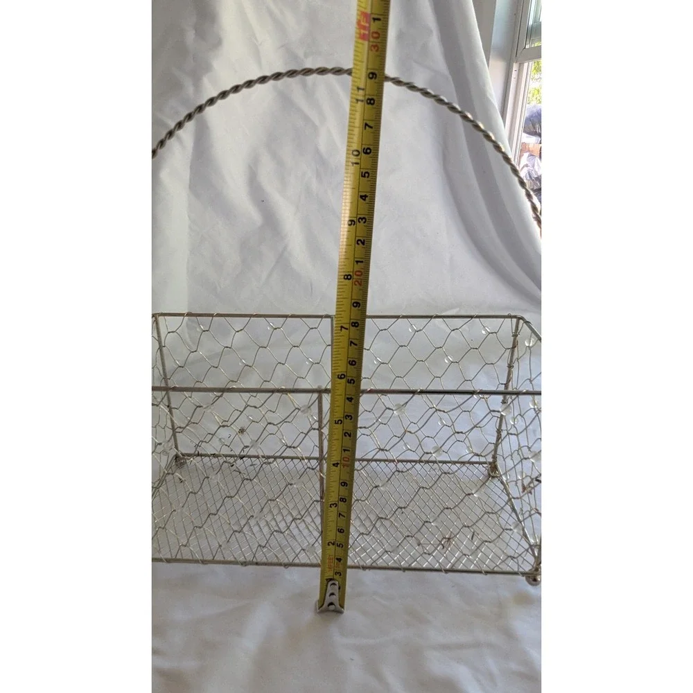 Vintage Silver Beaded Chicken Wire Basket Twisted Handle Farmhouse Caddy 12in